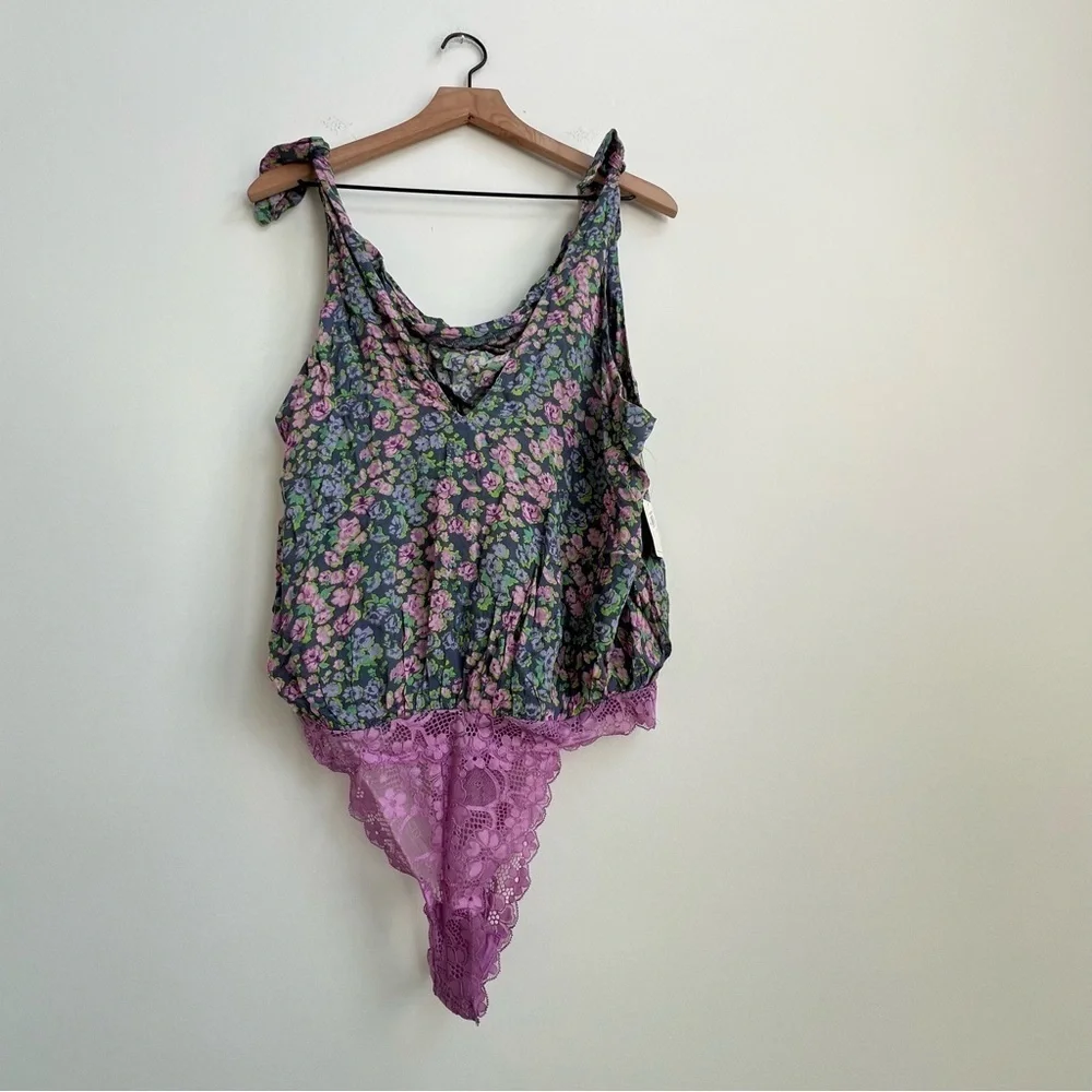NWT Free People Bare It All Bodysuit Chambray Combo Floral Draped Boho top